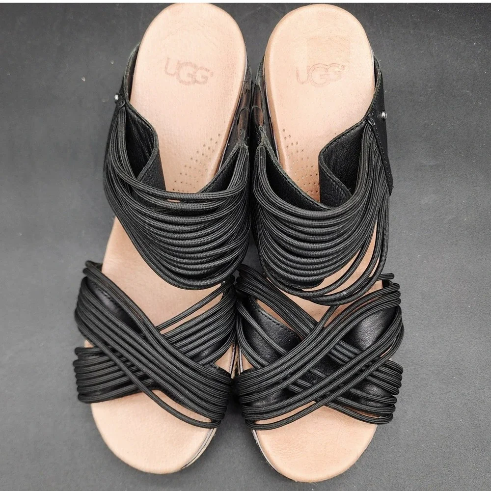 UGG 9.5 Black Hilarie Wedge Sandals Boho Summer Strappy Studded Cork Espadrille